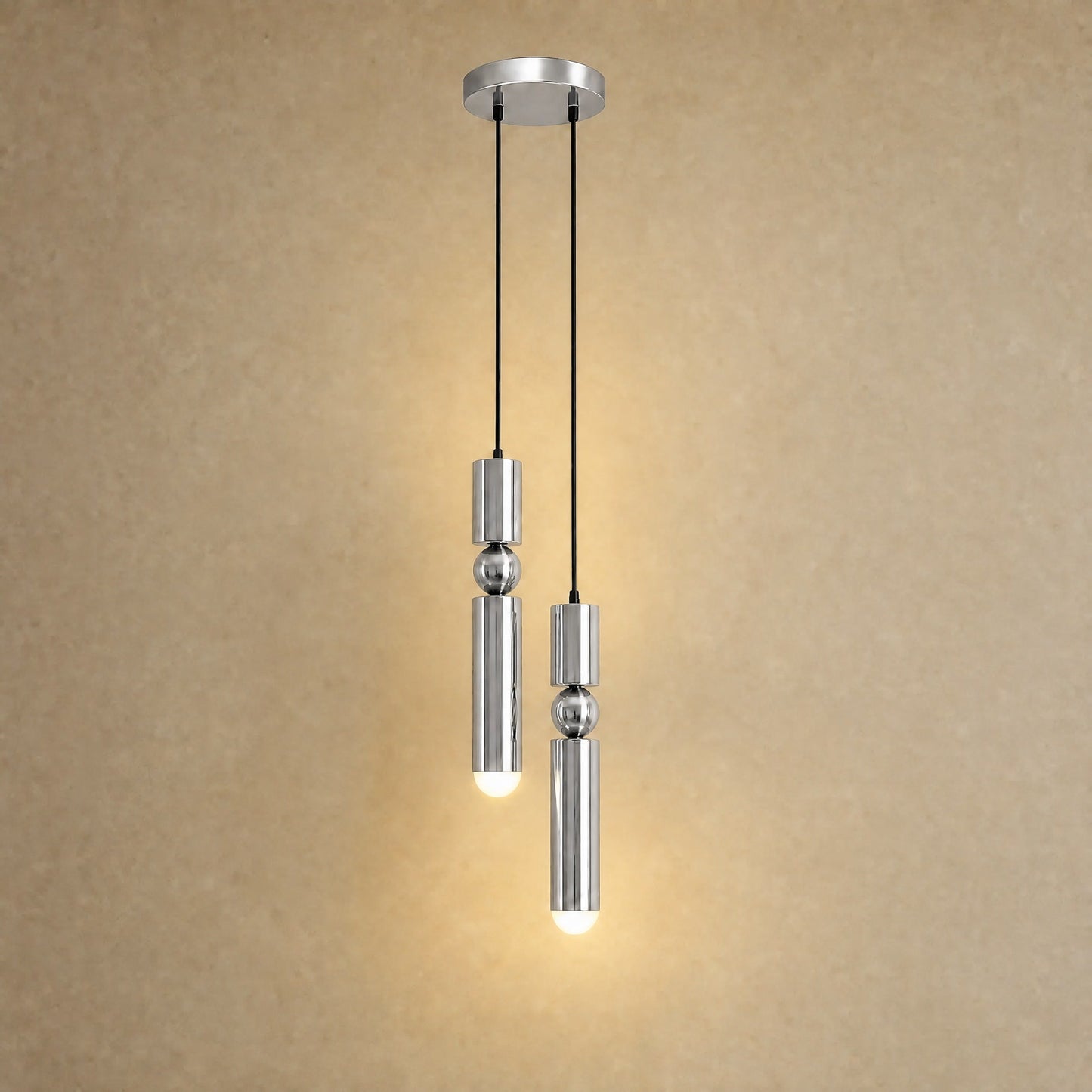 Lustre moderne Sumiro en argent chromé, version deux lumières | Delvanie