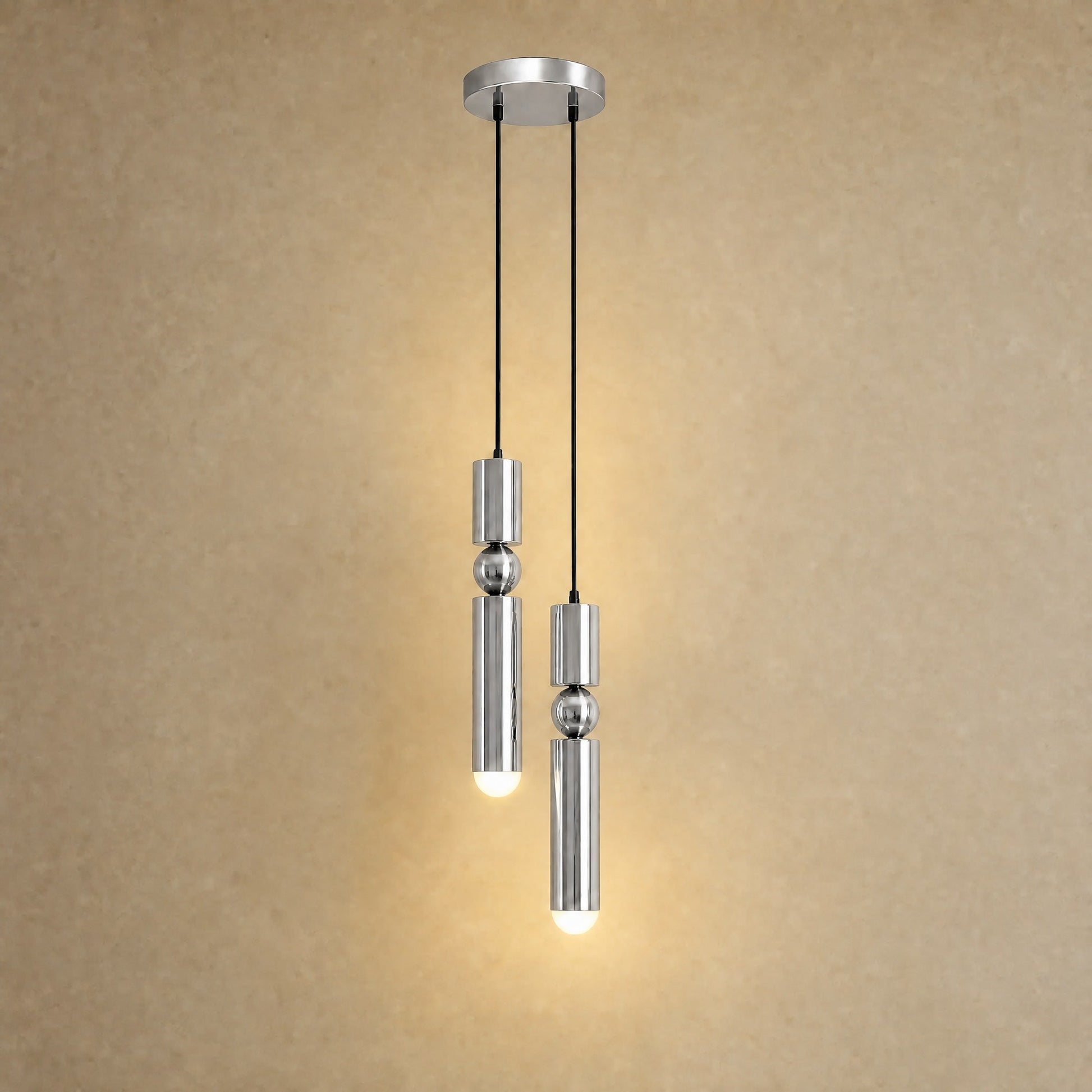 Lustre moderne Sumiro en argent chromé, version deux lumières | Delvanie