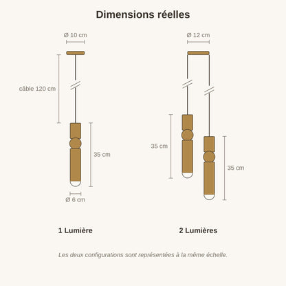Schéma coté du lustre moderne Sumiro, corps 35 cm, diamètre 6 cm, câble 120 cm | Delvanie