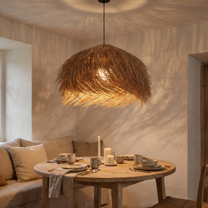 Lustre rotin wabi-sabi Wabéa, ambiance du soir salle à manger