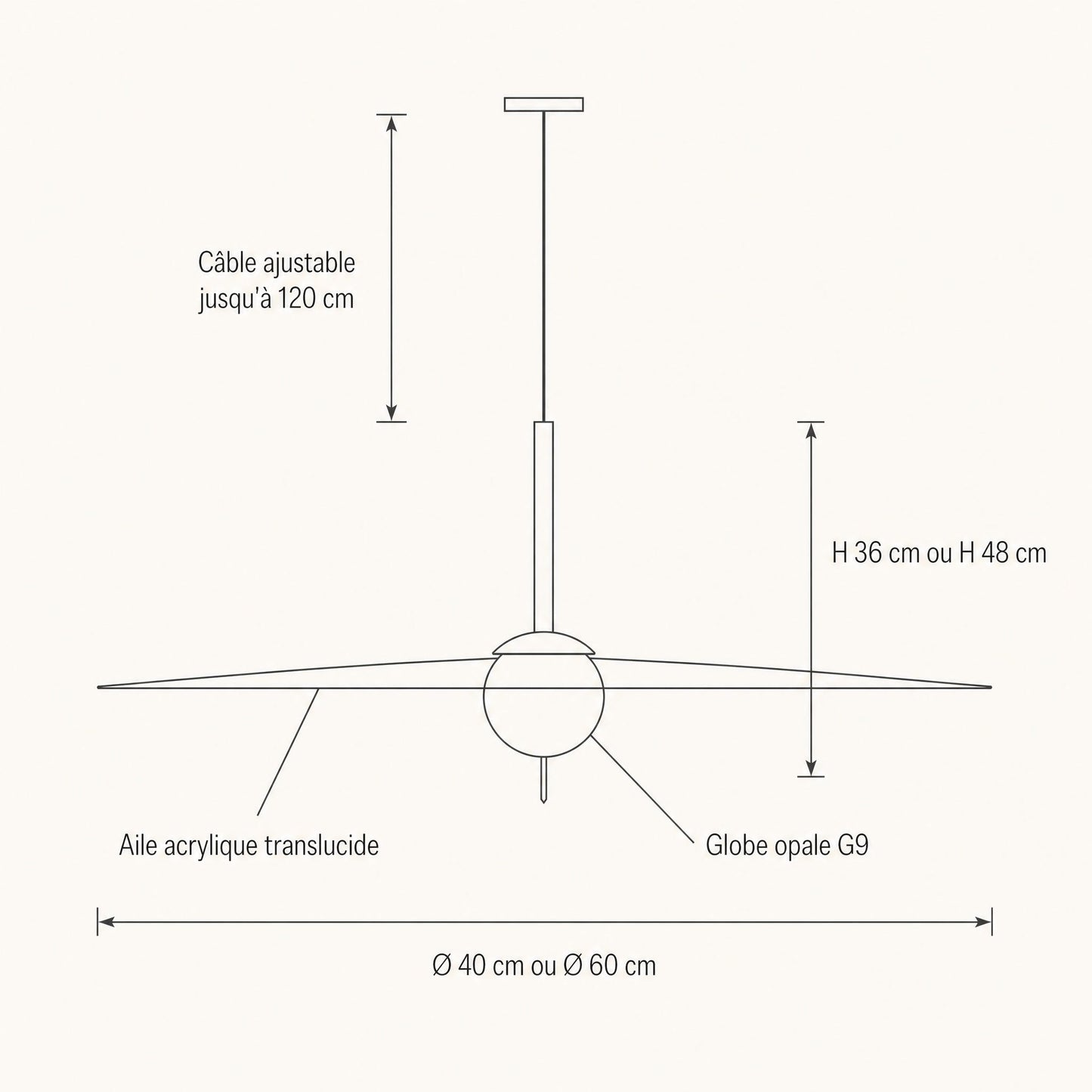 Schéma coté de la suspension Marlova, Ø 40 ou Ø 60 cm, hauteur 36 ou 48 cm, câble ajustable 120 cm | Delvanie