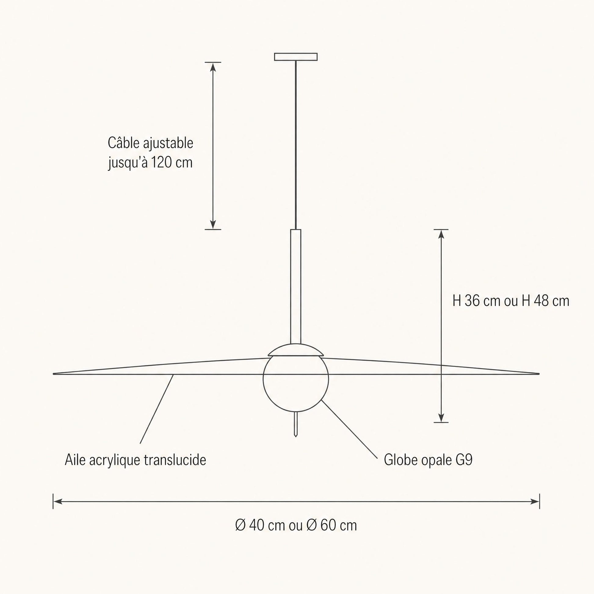 Schéma coté de la suspension Marlova, Ø 40 ou Ø 60 cm, hauteur 36 ou 48 cm, câble ajustable 120 cm | Delvanie