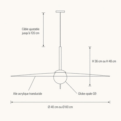 Schéma coté de la suspension Marlova, Ø 40 ou Ø 60 cm, hauteur 36 ou 48 cm, câble ajustable 120 cm | Delvanie