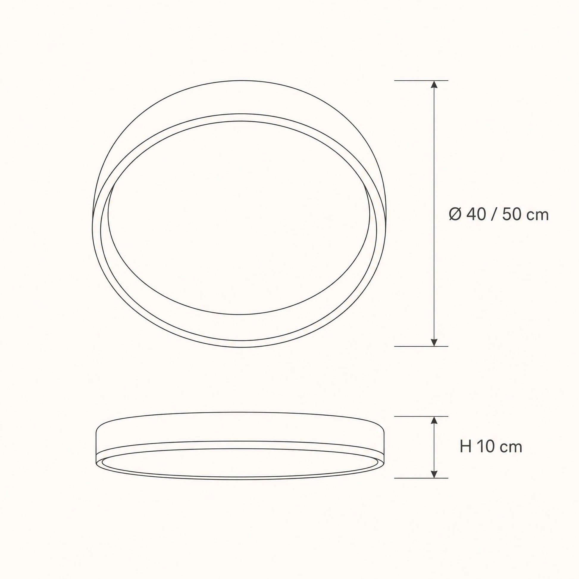 Schéma des dimensions du plafonnier Azuléa, Ø 40 et 50 cm, hauteur 10 cm | Delvanie