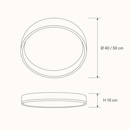 Schéma des dimensions du plafonnier Azuléa, Ø 40 et 50 cm, hauteur 10 cm | Delvanie