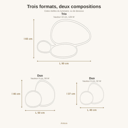 Schéma coté du plafonnier Anteva, trois formats de 40, 50 et 90 cm | Delvanie