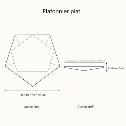 Schéma coté du plafonnier plat, 30 à 60 cm de large et 5 cm d'épaisseur | Delvanie
