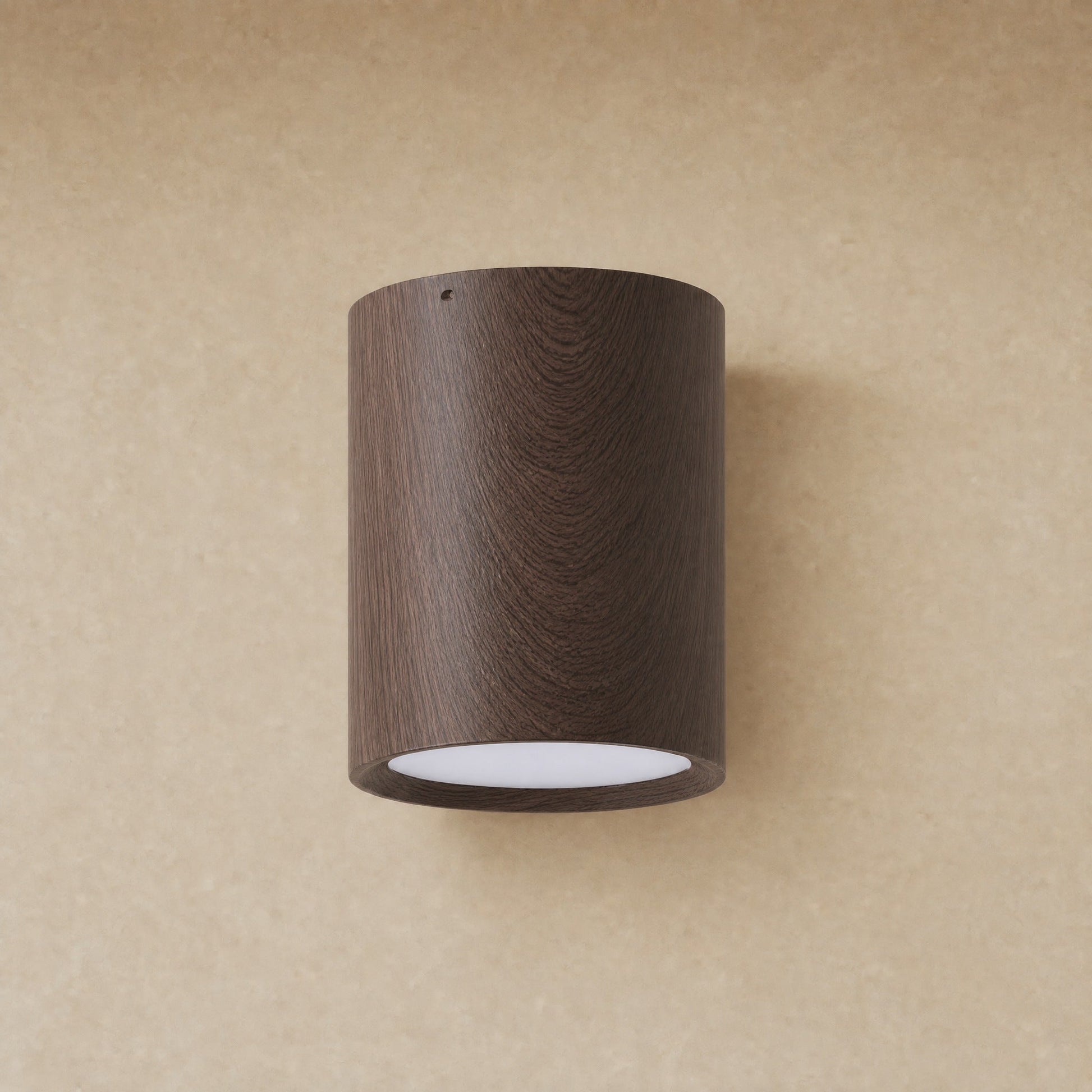 Plafonnier spot cylindrique Noyer, décor effet bois sur métal | Delvanie