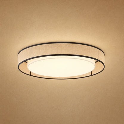 Plafonnier tissu rond Doucéa, bande de lin feutré et disque lumineux central | Delvanie