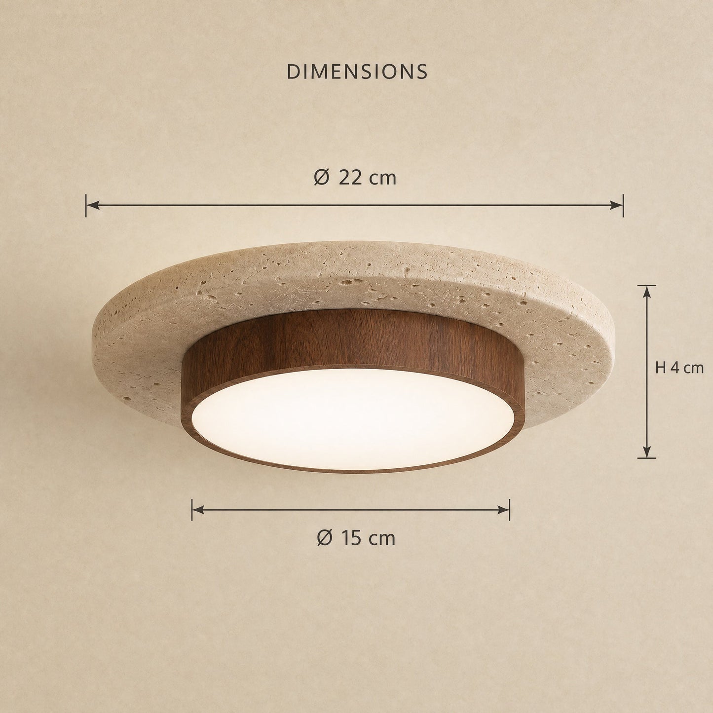 Schéma coté du plafonnier travertin, diamètre 22 cm et hauteur 4 cm | Delvanie