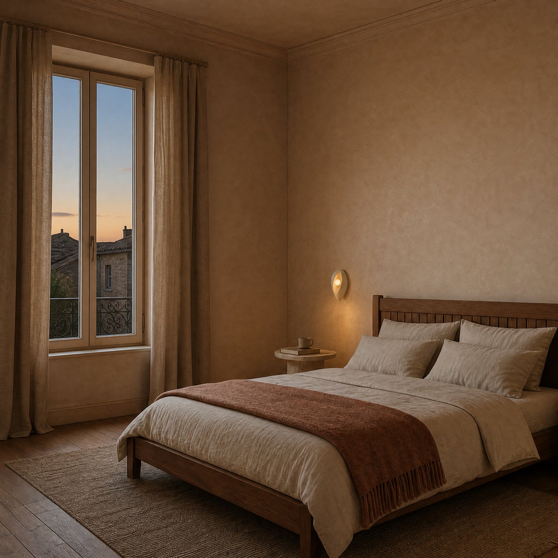Lampe de chevet murale allumée au-dessus d'un chevet de travertin dans une chambre à mur de tadelakt ocre rosé | Delvanie