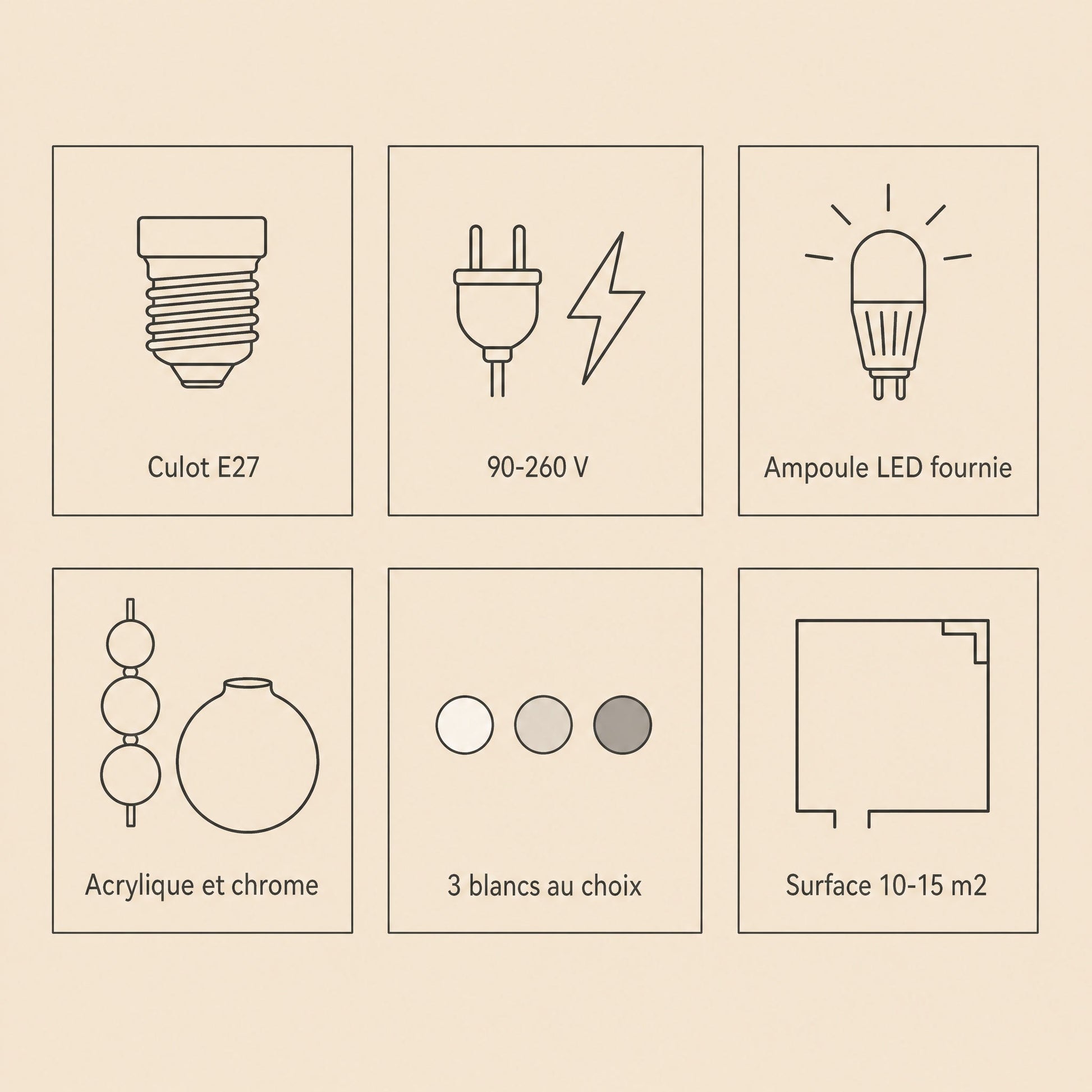 Caractéristiques de la suspension art déco, culot E27, voltage et ampoule LED fournie | Delvanie