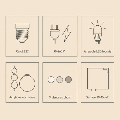 Caractéristiques de la suspension art déco, culot E27, voltage et ampoule LED fournie | Delvanie