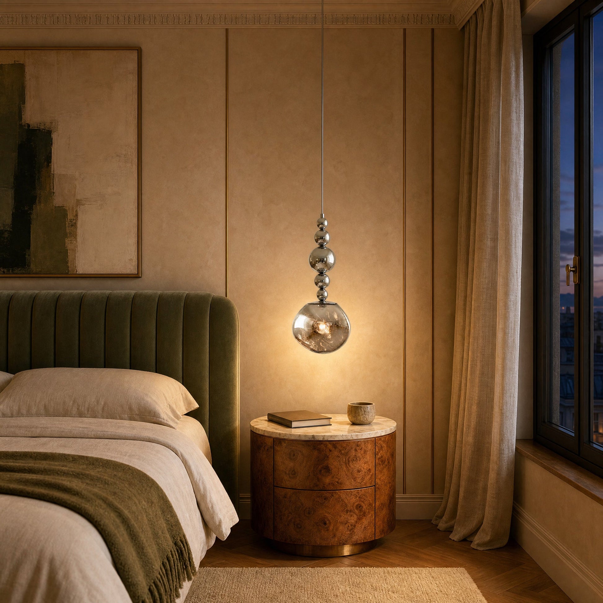 Suspension art déco allumée au-dessus d'un chevet dans une chambre au velours vert | Delvanie