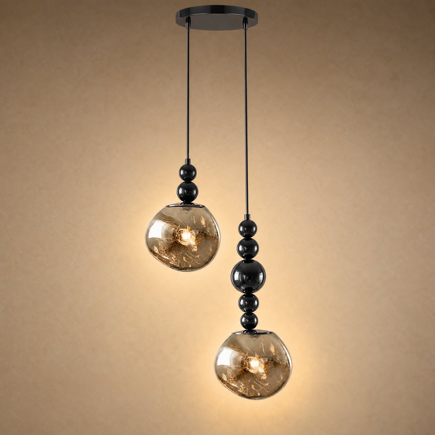 Suspension art déco deux lumières en cascade sur platine ronde de 20 cm | Delvanie