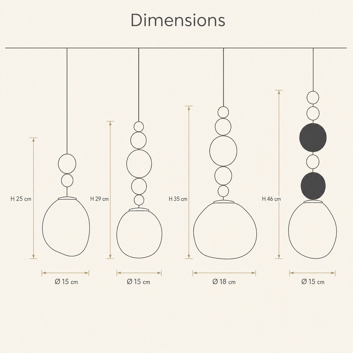 Schéma coté des quatre modèles de suspension art déco, hauteurs et diamètres | Delvanie