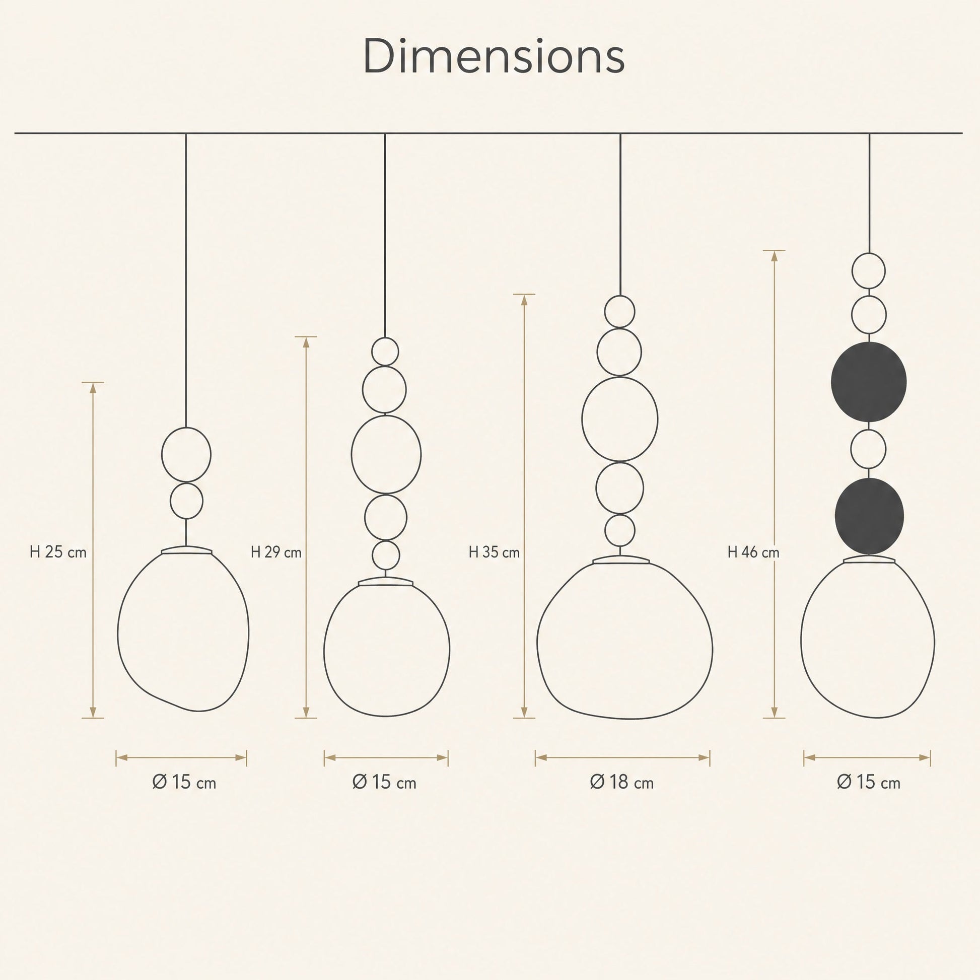 Schéma coté des quatre modèles de suspension art déco, hauteurs et diamètres | Delvanie
