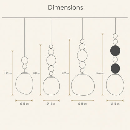 Schéma coté des quatre modèles de suspension art déco, hauteurs et diamètres | Delvanie