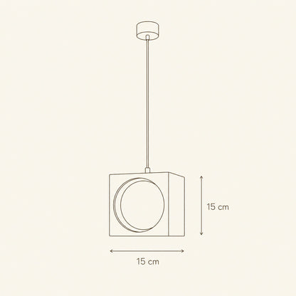 Schéma coté de la suspension colorée Asobya, cube de 15 cm | Delvanie