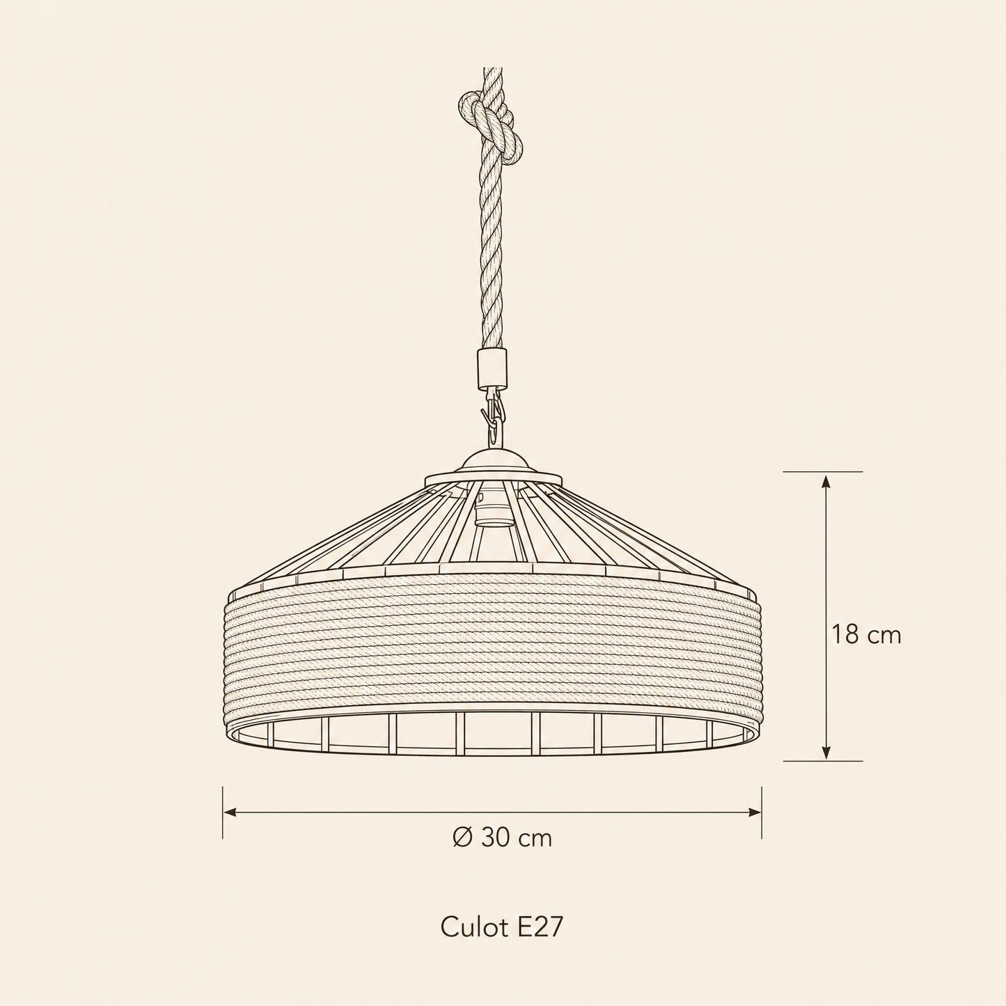 Schéma coté de la suspension corde Chanvéa, Ø 30 cm et 18 cm de hauteur | Delvanie