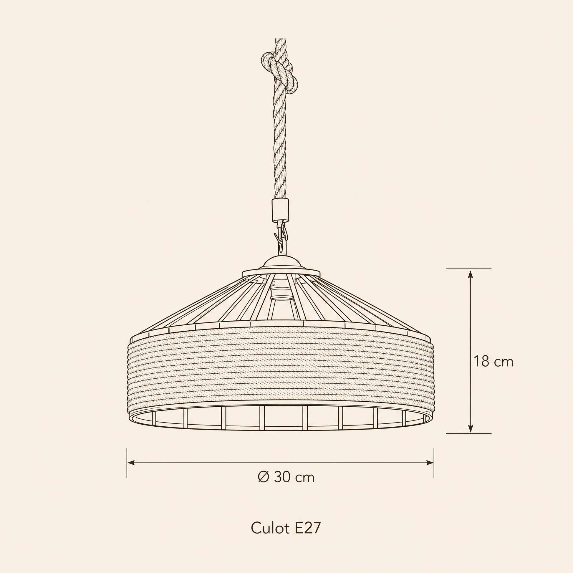 Schéma coté de la suspension corde Chanvéa, Ø 30 cm et 18 cm de hauteur | Delvanie