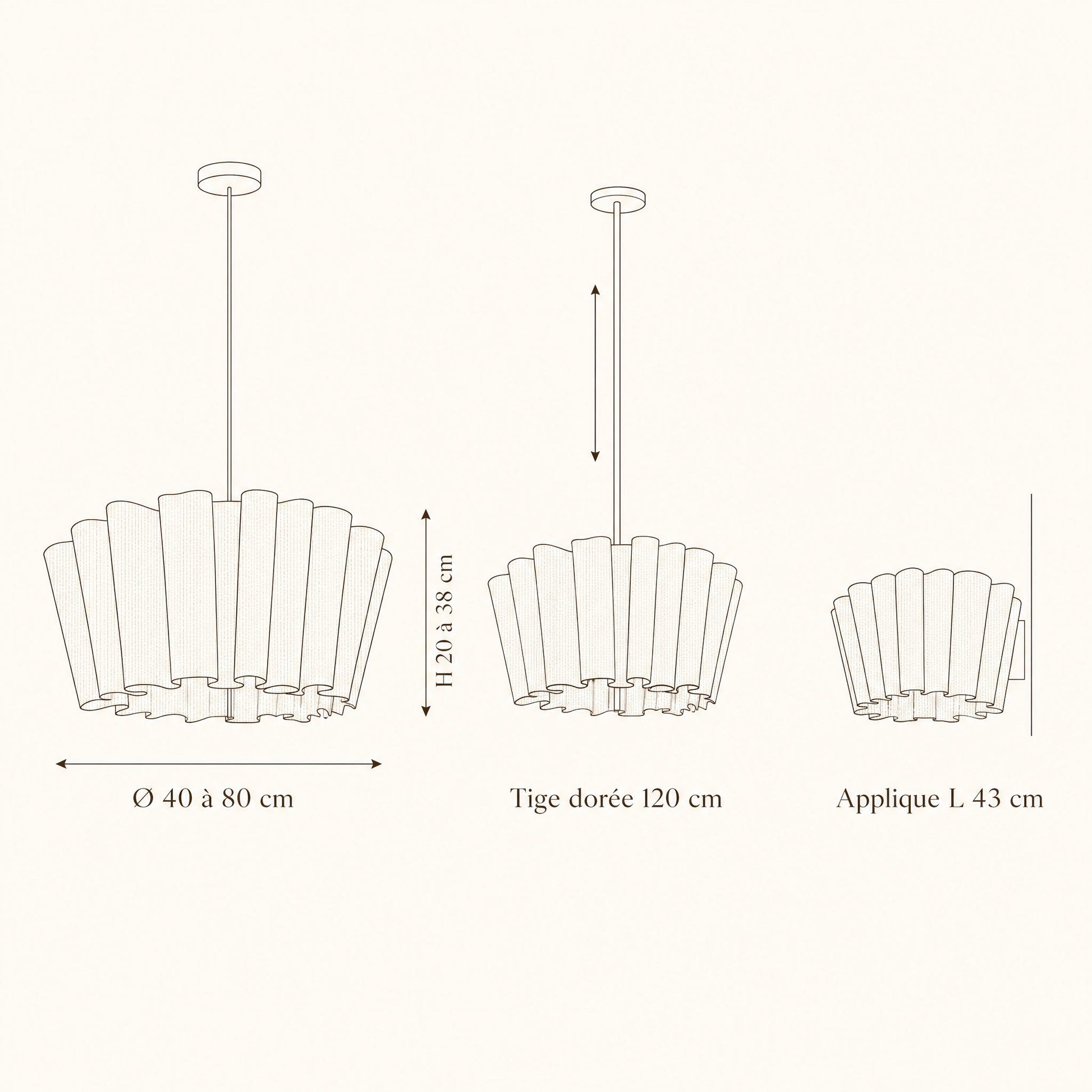 Schéma coté de la suspension en tissu Rinaya, Ø 40 à 80 cm, tige 120 cm, applique L 43 cm | Delvanie