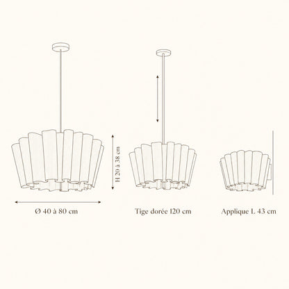 Schéma coté de la suspension en tissu Rinaya, Ø 40 à 80 cm, tige 120 cm, applique L 43 cm | Delvanie