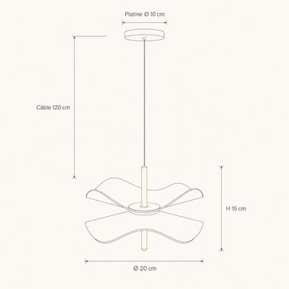 Schéma coté de la suspension fleur Ninfélis, abat-jour Ø 20 cm, hauteur 15 cm, platine Ø 10 cm, câble 120 cm | Delvanie