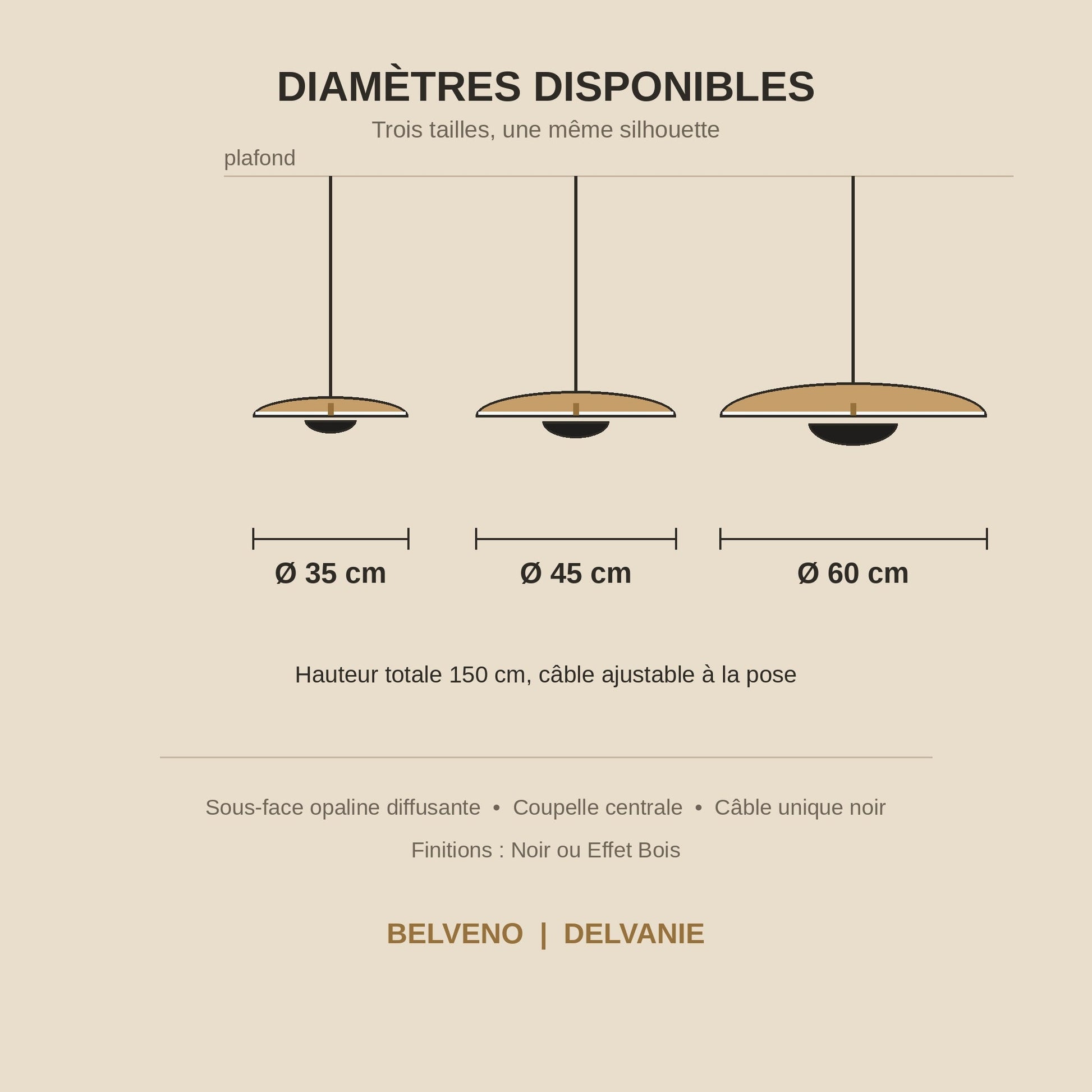 Schéma coté de la suspension, diamètres 35, 45 et 60 cm, hauteur totale 150 cm | Delvanie