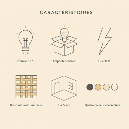 Caractéristiques de la suspension en osier Hanomi, douille E27 et ampoule fournie | Delvanie