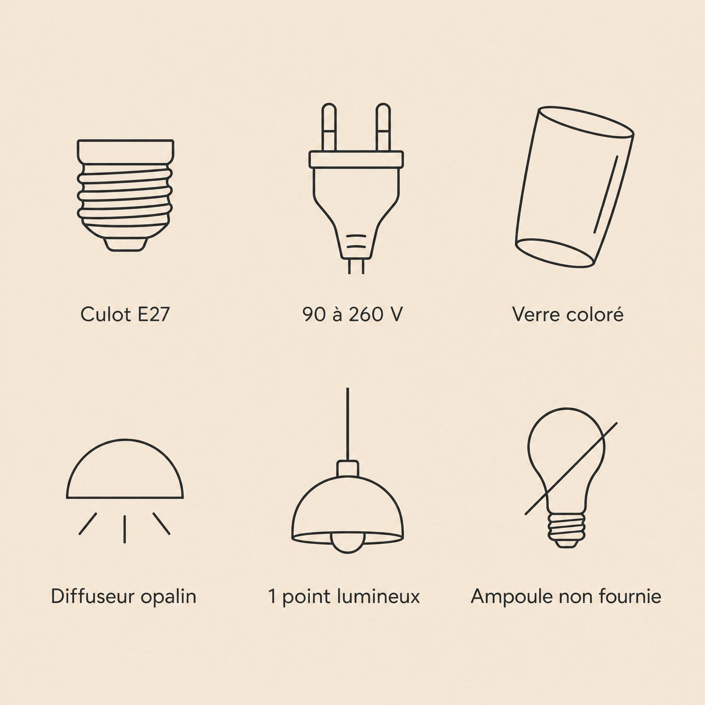Caractéristiques de la suspension, culot E27, 90 à 260 V, verre coloré, diffuseur opalin | Delvanie