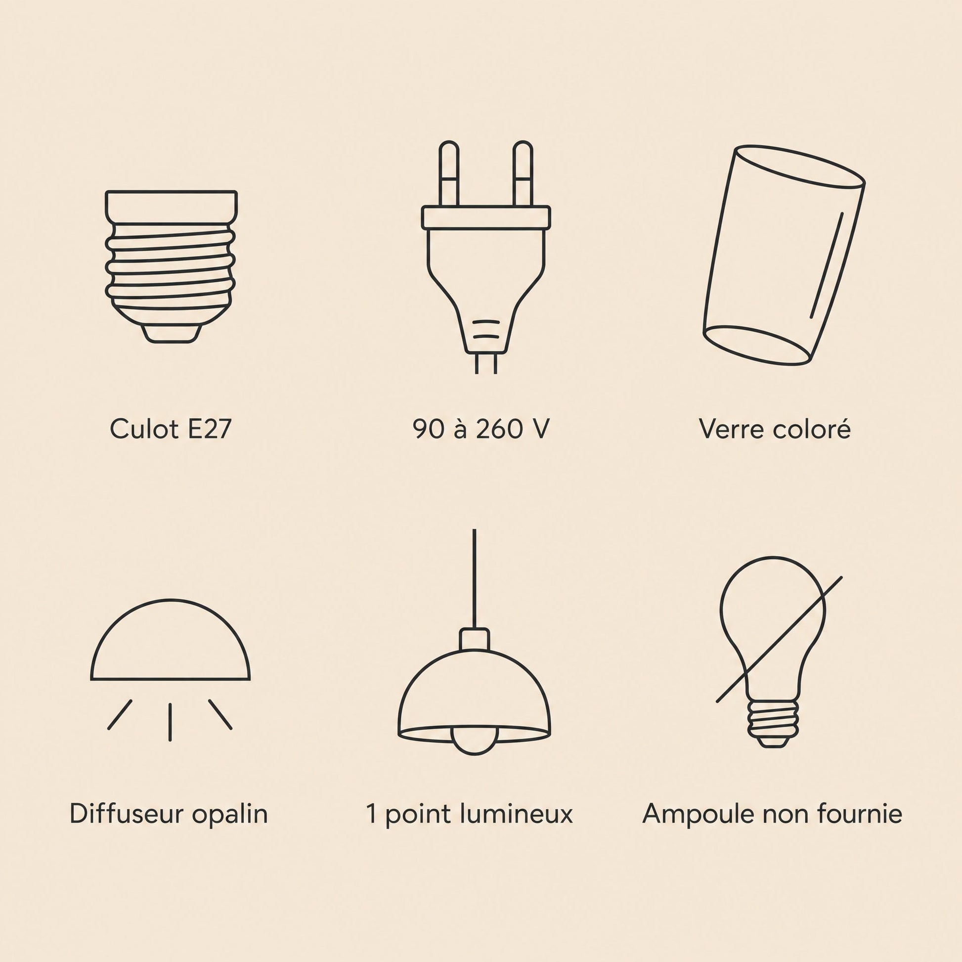 Caractéristiques de la suspension, culot E27, 90 à 260 V, verre coloré, diffuseur opalin | Delvanie