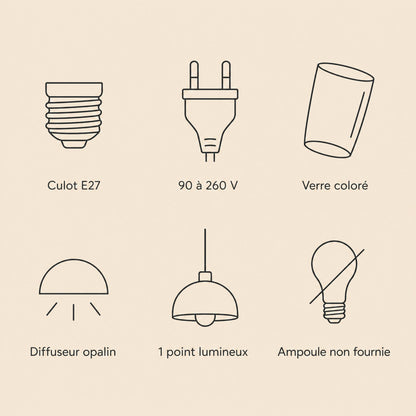 Caractéristiques de la suspension, culot E27, 90 à 260 V, verre coloré, diffuseur opalin | Delvanie