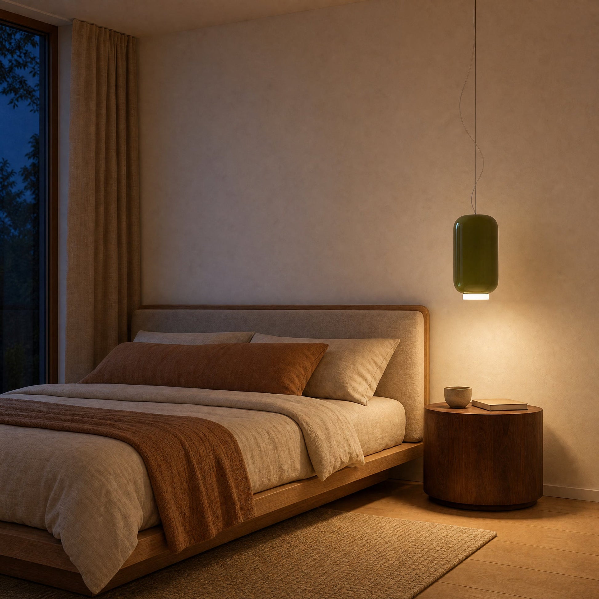 Suspension vert olive Ø 22 cm allumée en lampe de chevet dans une chambre japandi | Delvanie
