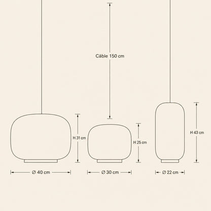 Dimensions des trois formats de suspension, Ø 40, Ø 30 et Ø 22 cm, câble 150 cm | Delvanie
