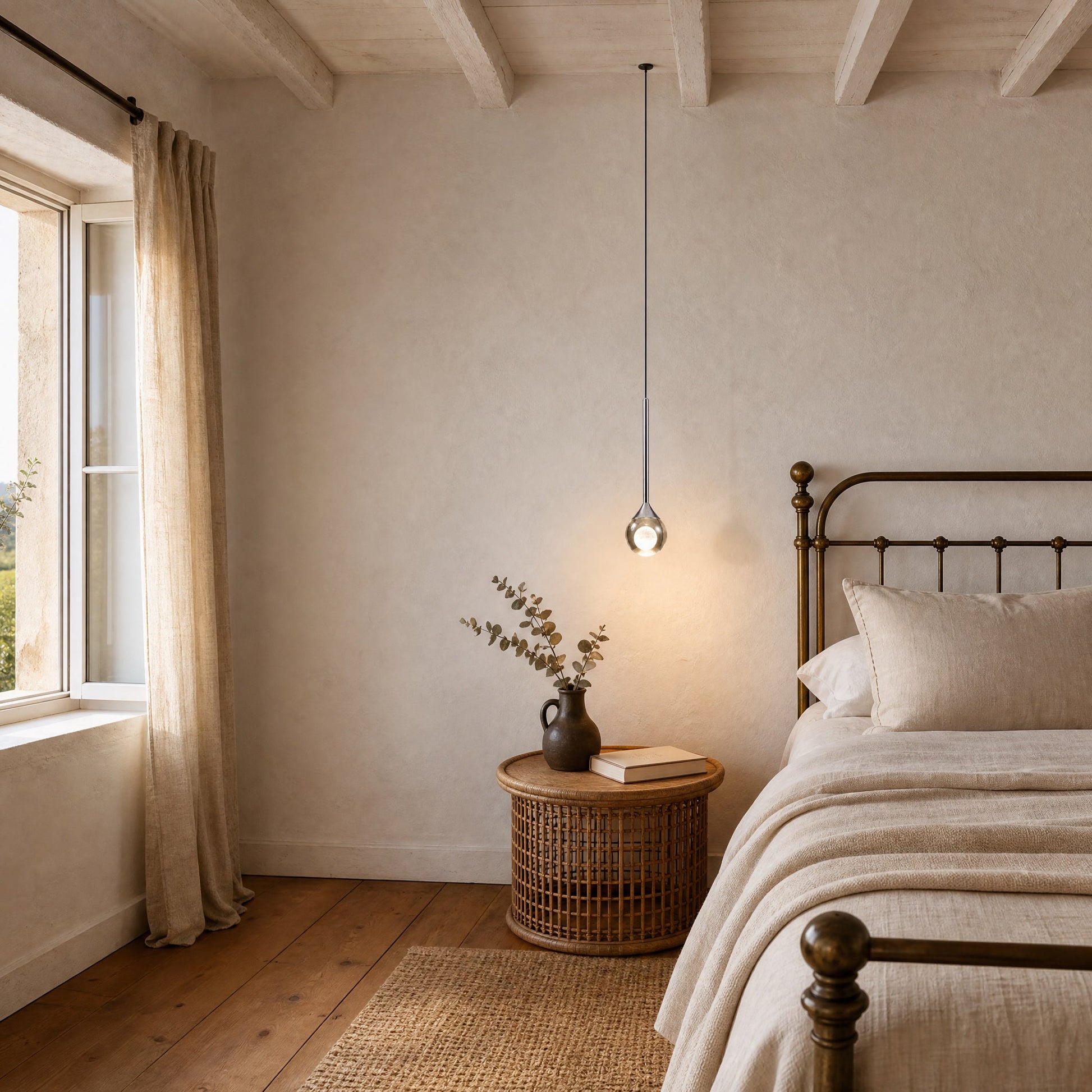 Suspension en verre fumé Cendrys allumée au-dessus d'une table de chevet en rotin dans une chambre de campagne | Delvanie