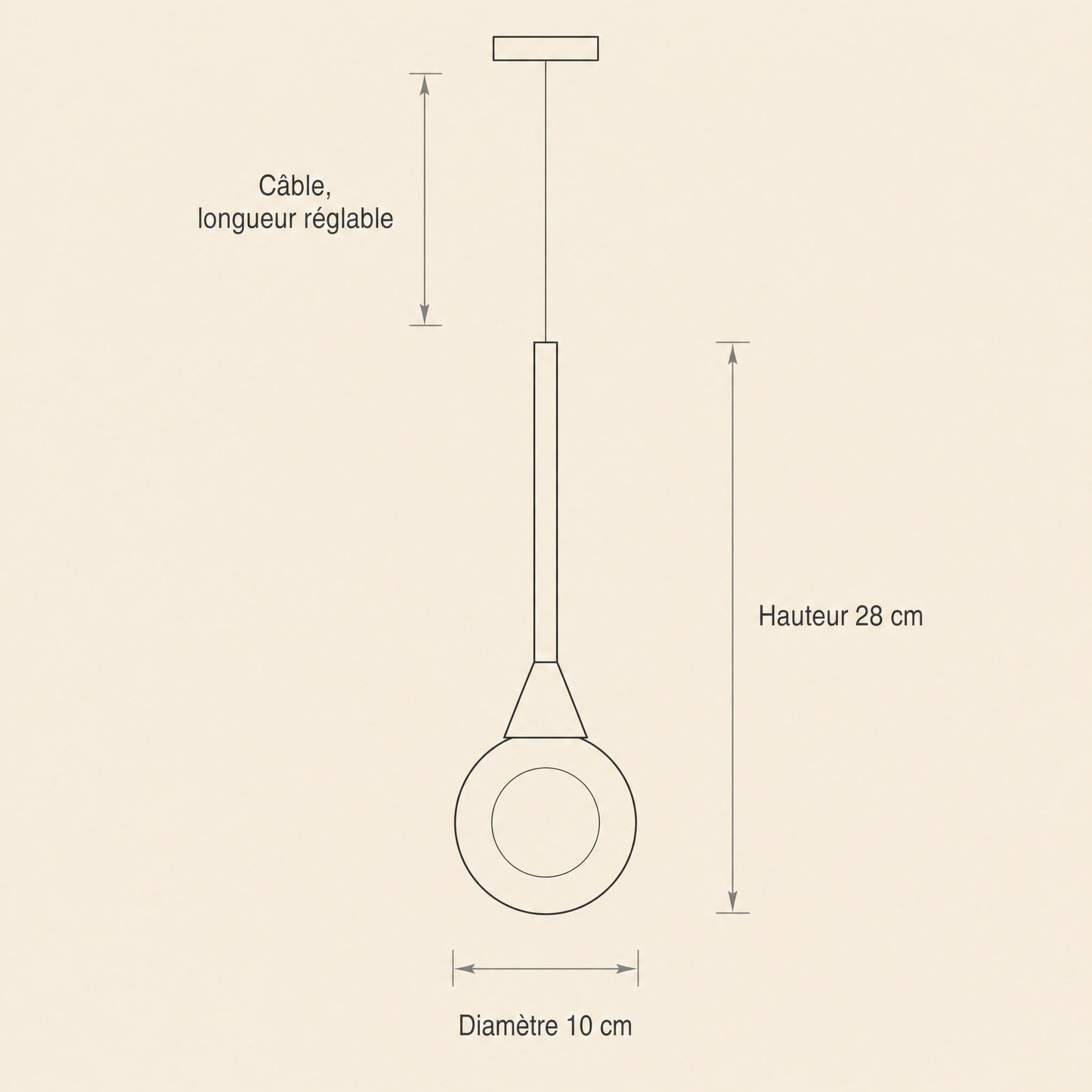 Schéma coté de la suspension Cendrys, boule de 10 cm de diamètre, hauteur 28 cm, câble réglable | Delvanie