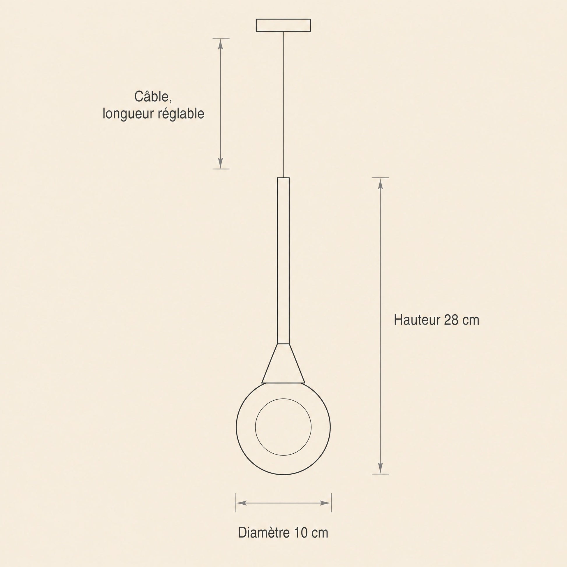 Schéma coté de la suspension Cendrys, boule de 10 cm de diamètre, hauteur 28 cm, câble réglable | Delvanie