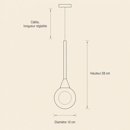 Schéma coté de la suspension Cendrys, boule de 10 cm de diamètre, hauteur 28 cm, câble réglable | Delvanie