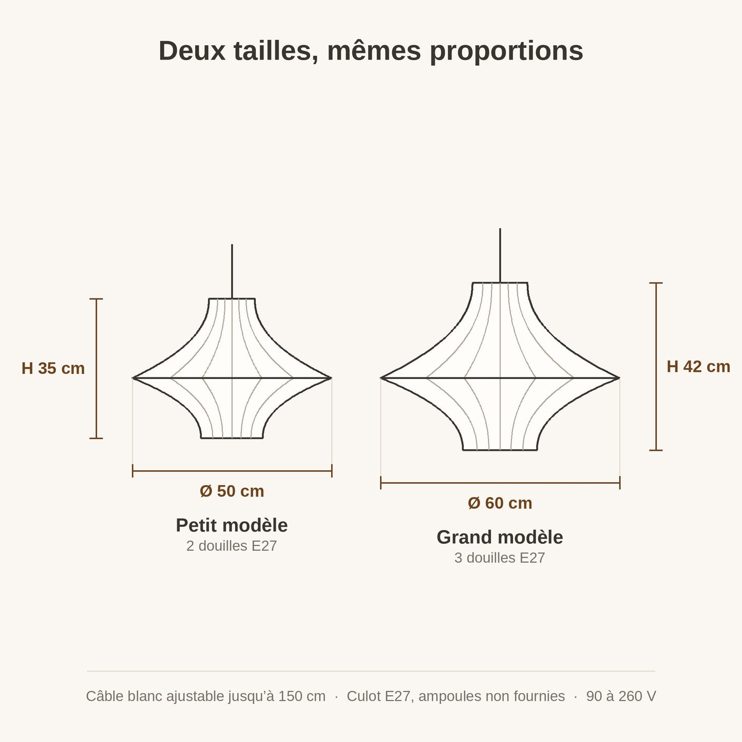 Schéma coté des deux tailles, Ø 50 x H 35 cm et Ø 60 x H 42 cm | Delvanie