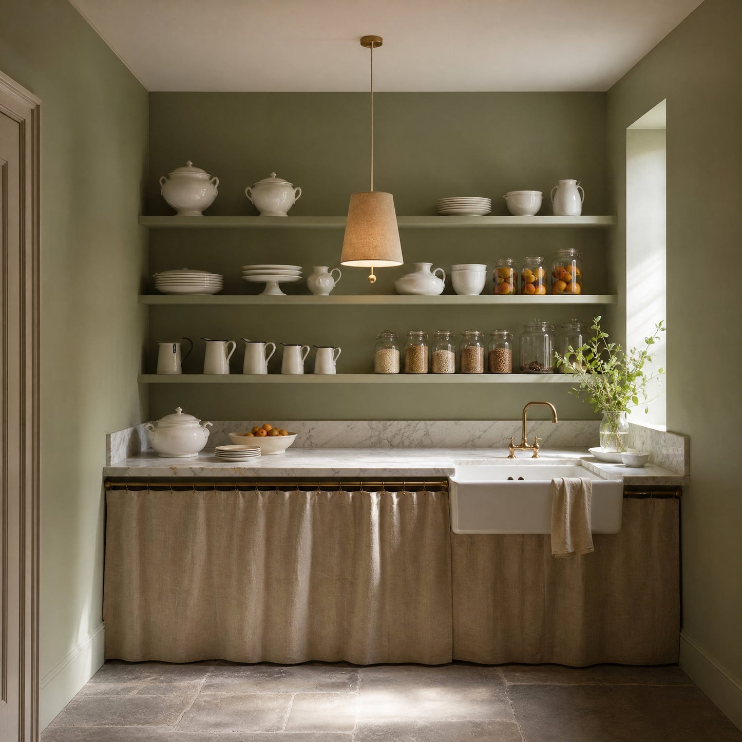 Suspension abat-jour Tissandre Beige Naturel allumée au-dessus d'un plan de marbre | Delvanie
