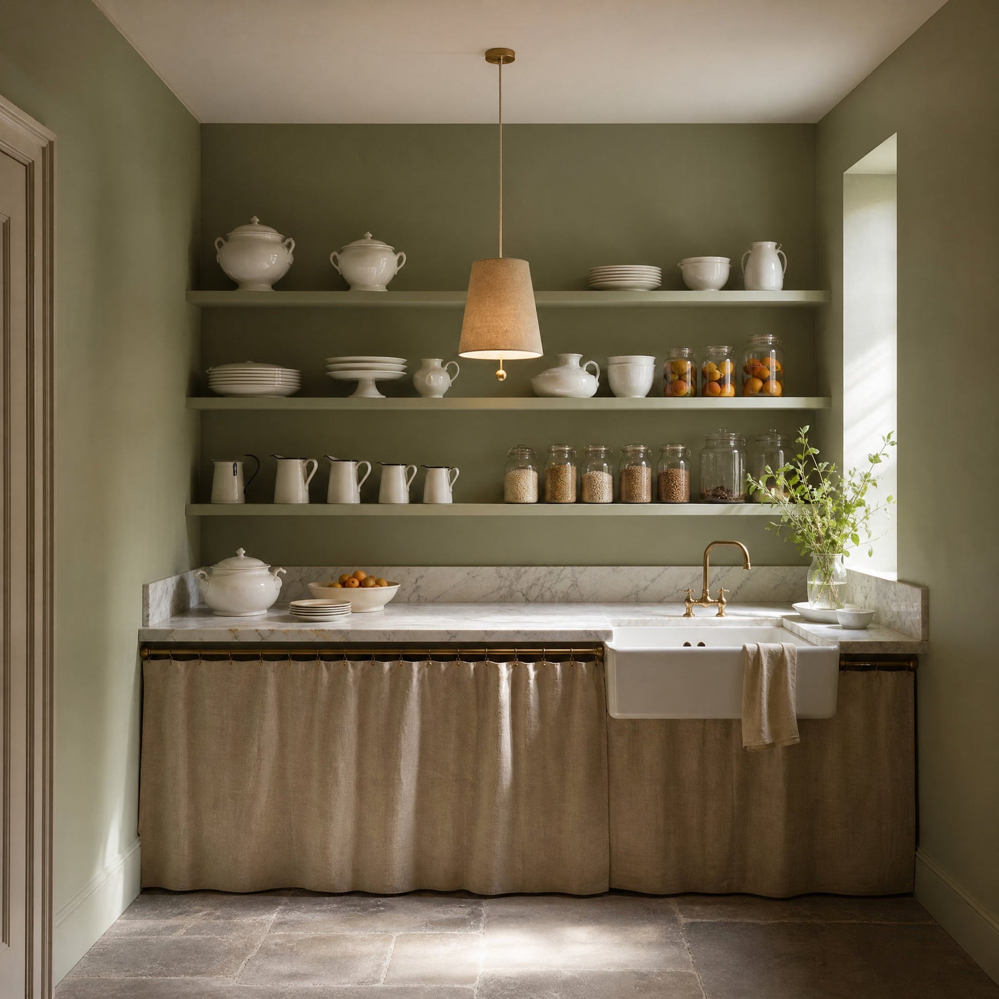 Suspension abat-jour Tissandre Beige Naturel allumée au-dessus d'un plan de marbre | Delvanie