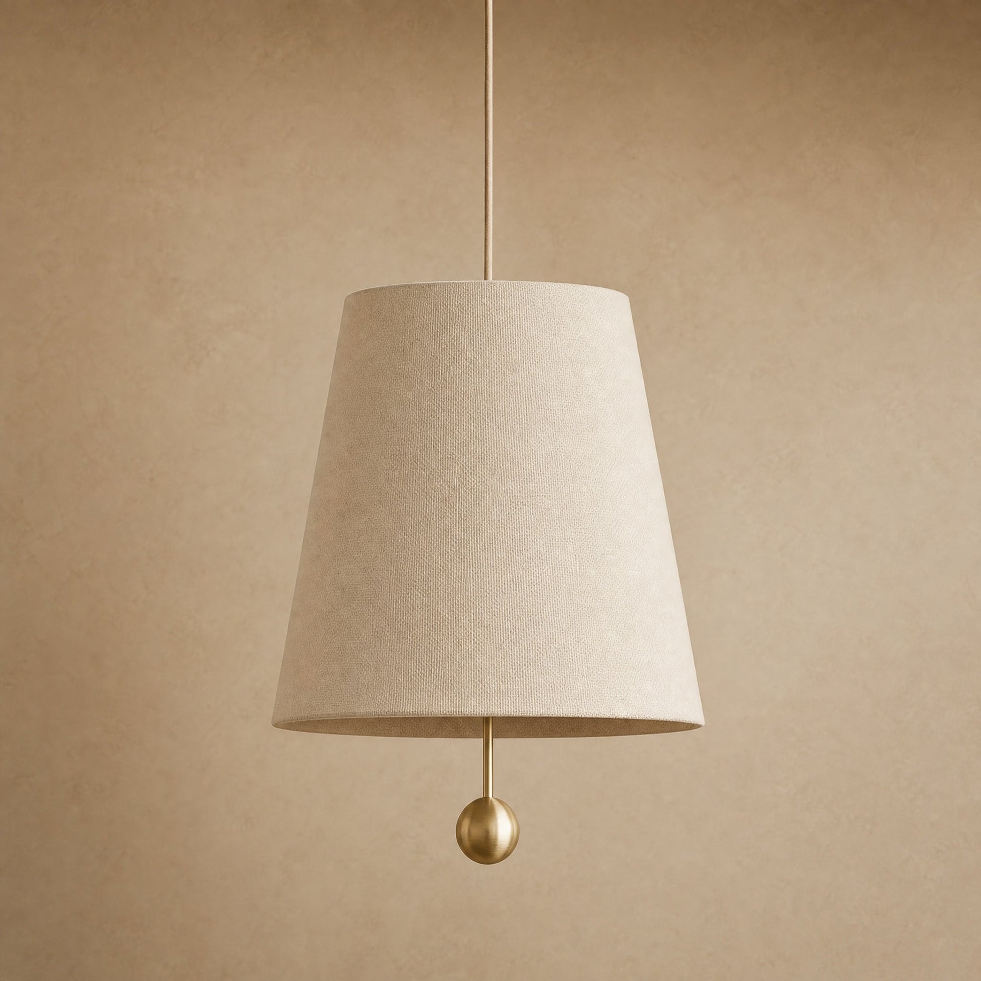 Suspension abat-jour Tissandre en toile écrue, cône Ø 30 cm et bille dorée | Delvanie