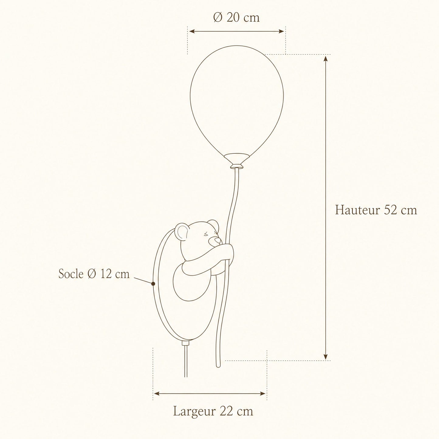 Schéma coté de l'applique ours ballon, hauteur 52 cm | Delvanie